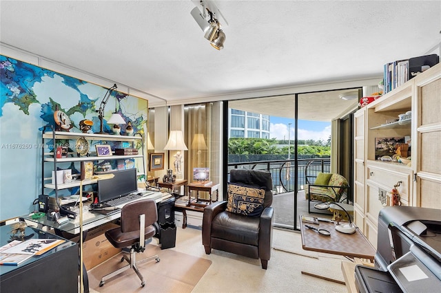 office space with a wall of windows and a textured ceiling