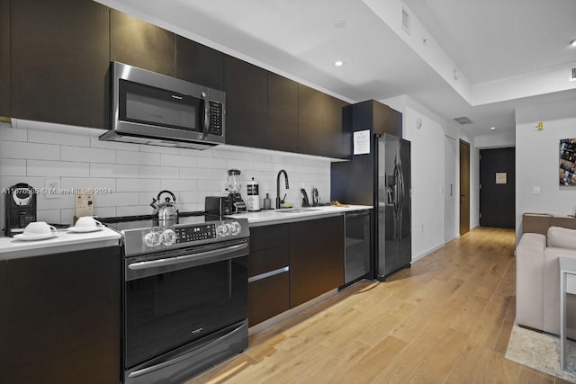 kitchen featuring a sink, decorative backsplash, light wood-type flooring, light countertops, and appliances with stainless steel finishes
