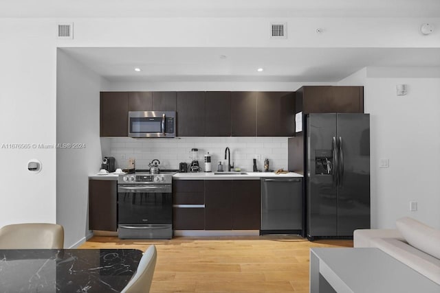 kitchen with sink, dark brown cabinetry, light wood-type flooring, appliances with stainless steel finishes, and tasteful backsplash