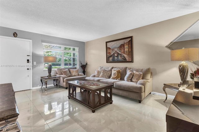 living room with a textured ceiling