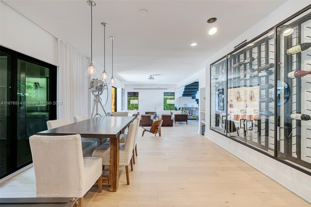 dining space with light hardwood / wood-style flooring and plenty of natural light