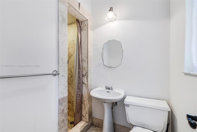 bathroom with toilet, sink, and a shower with curtain