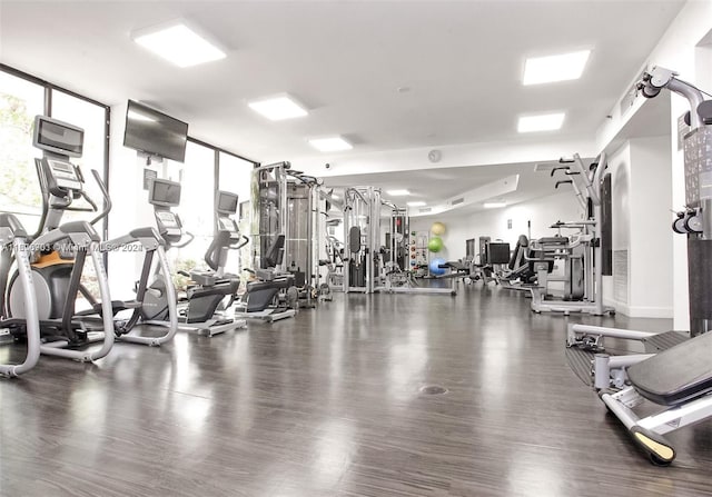 workout area with dark hardwood / wood-style flooring