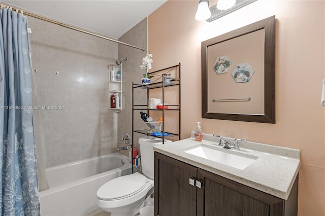 full bathroom with vanity, toilet, and shower / bathtub combination with curtain