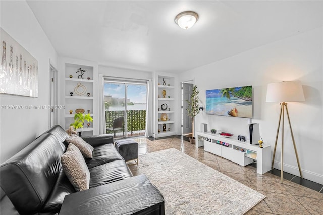 living room with built in shelves