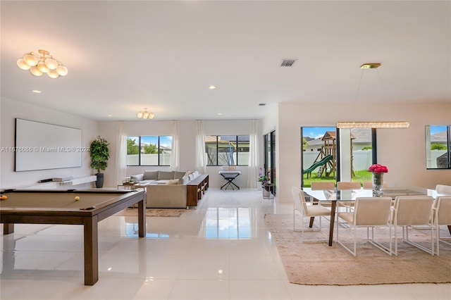 rec room featuring light tile patterned flooring and pool table