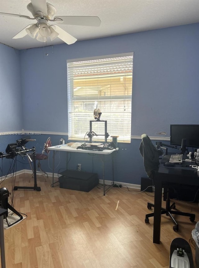 home office featuring ceiling fan and light hardwood / wood-style floors