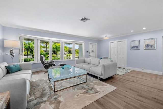 living room featuring crown molding and light hardwood / wood-style flooring