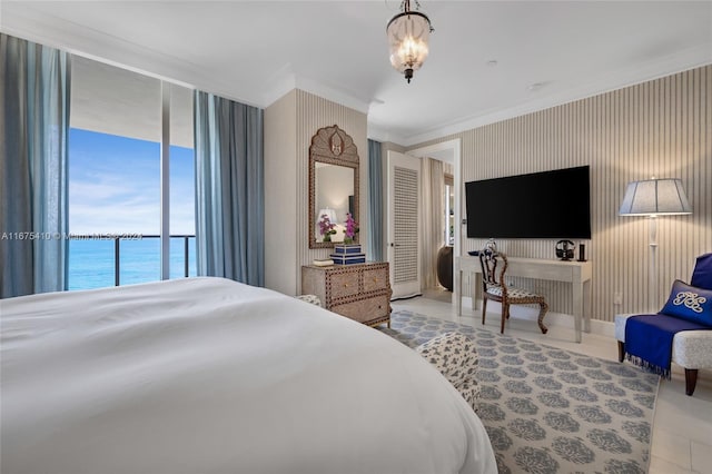 bedroom with access to exterior, crown molding, a notable chandelier, light tile patterned floors, and a water view