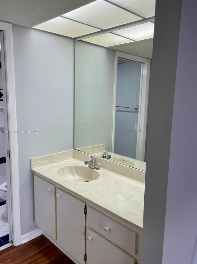 bathroom featuring toilet, hardwood / wood-style floors, and vanity