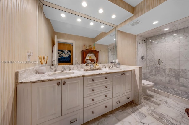 bathroom with a shower, vanity, and toilet