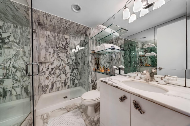 bathroom featuring tile walls, vanity, an enclosed shower, and toilet