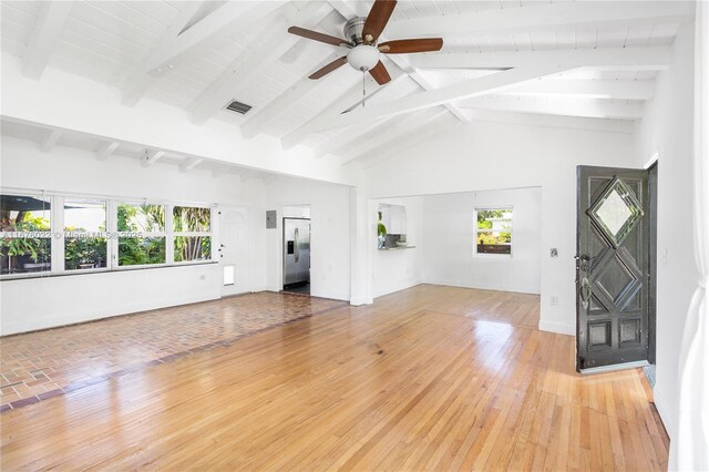 unfurnished living room featuring high vaulted ceiling, a ceiling fan, visible vents, light wood-style floors, and beam ceiling