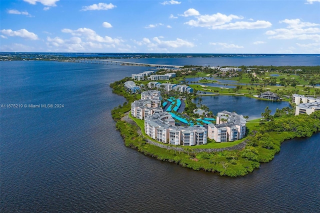 drone / aerial view featuring a water view