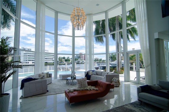 building lobby featuring a water view