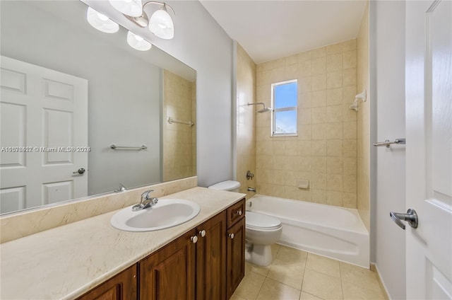 full bathroom with vanity, tiled shower / bath combo, toilet, and tile patterned flooring