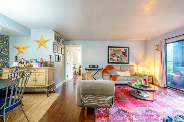 living room featuring dark wood-type flooring