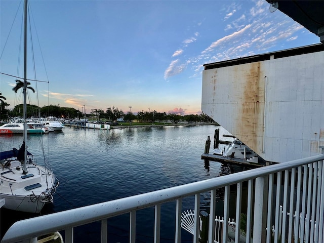 view of water feature with a boat dock