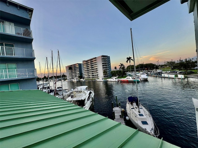 dock area with a water view