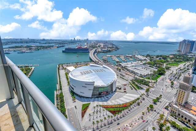 drone / aerial view with a water view