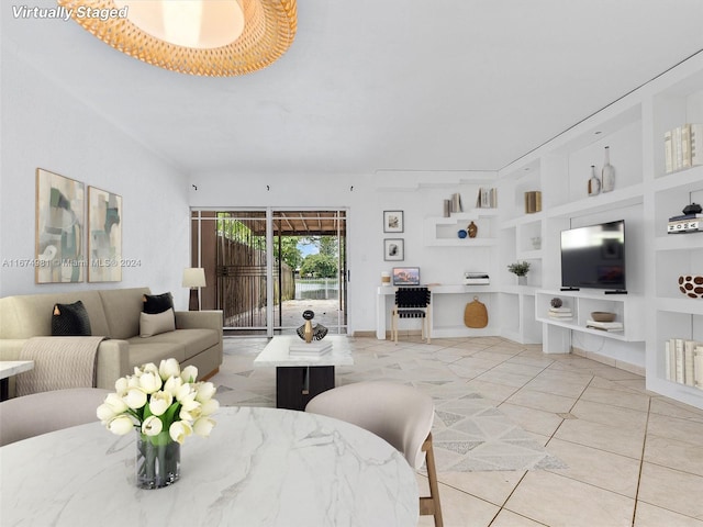 tiled living room with built in shelves