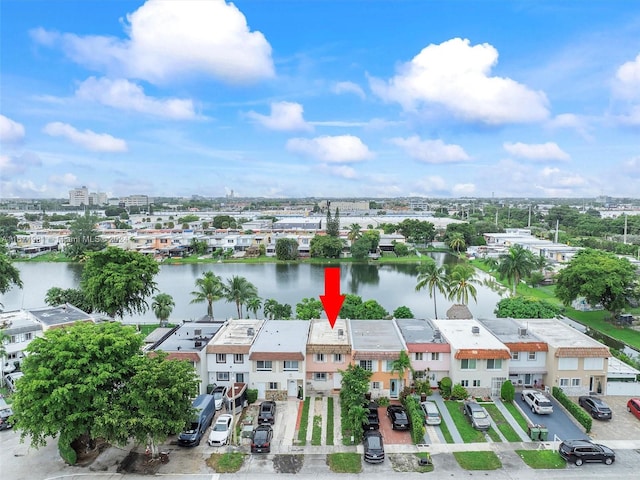 drone / aerial view featuring a water view