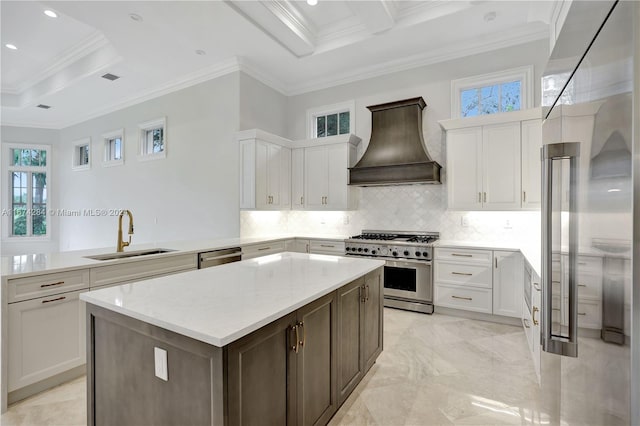 kitchen with sink, stainless steel appliances, premium range hood, kitchen peninsula, and crown molding