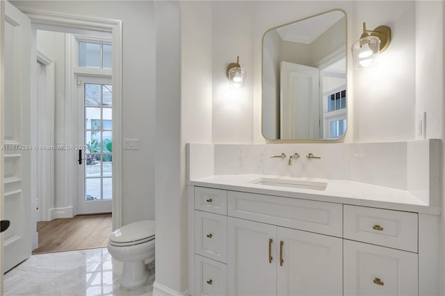 bathroom with vanity, hardwood / wood-style flooring, and toilet