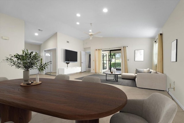 interior space featuring high vaulted ceiling and ceiling fan