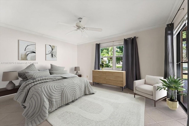 bedroom with ceiling fan, light tile patterned floors, and crown molding