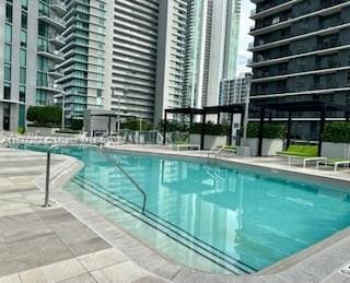 view of swimming pool with a patio area