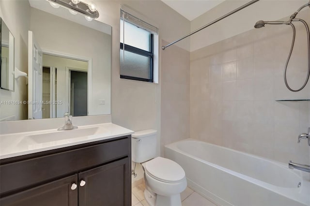 full bathroom with toilet, tiled shower / bath combo, tile patterned flooring, and vanity