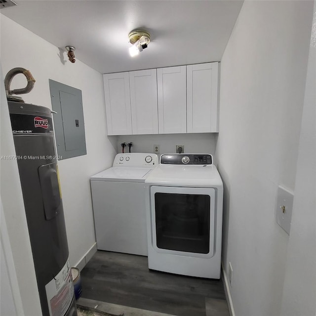 laundry room featuring cabinets, electric panel, water heater, dark wood-type flooring, and washer and clothes dryer