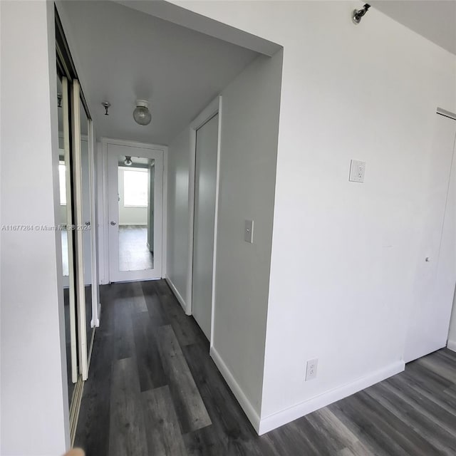 corridor featuring dark wood-type flooring