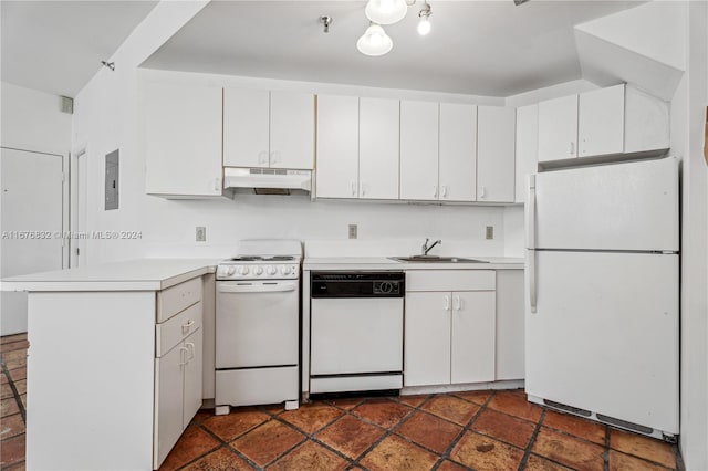 kitchen with kitchen peninsula, electric panel, white cabinetry, sink, and white appliances