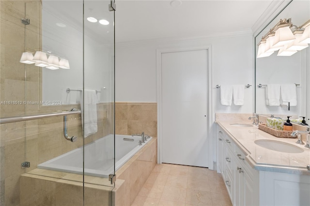 bathroom featuring vanity, ornamental molding, plus walk in shower, and tile patterned floors