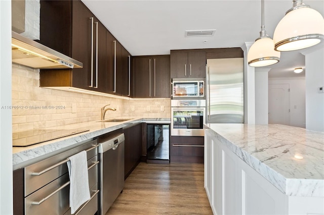 kitchen with appliances with stainless steel finishes, wall chimney range hood, light wood-type flooring, sink, and pendant lighting