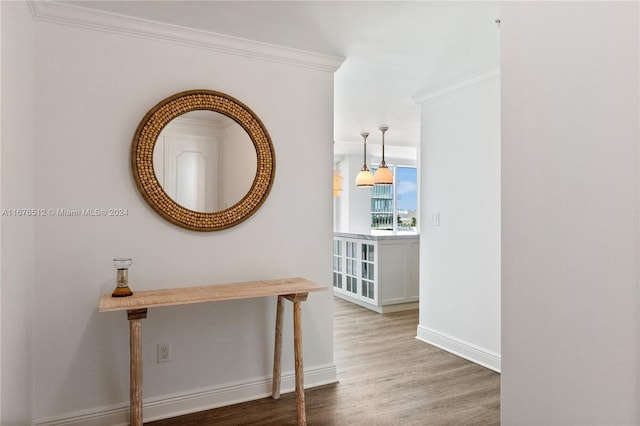 corridor featuring crown molding and wood-type flooring