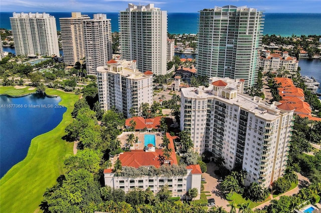 drone / aerial view with a water view