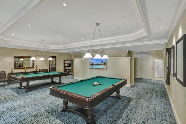 game room featuring a tray ceiling, carpet, billiards, and ornamental molding