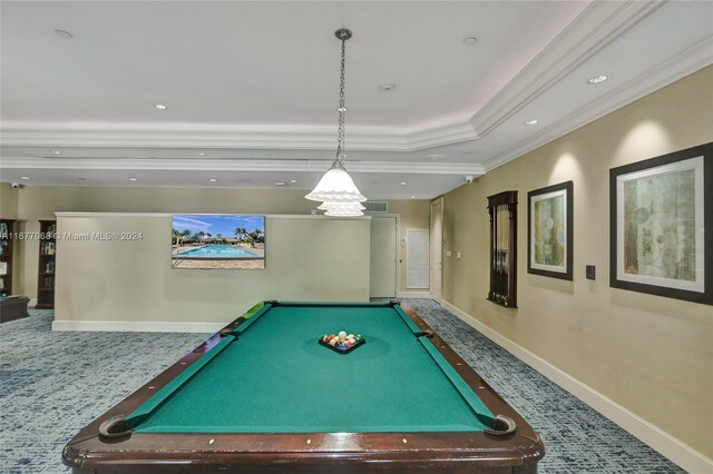 recreation room featuring crown molding, a raised ceiling, carpet flooring, and billiards