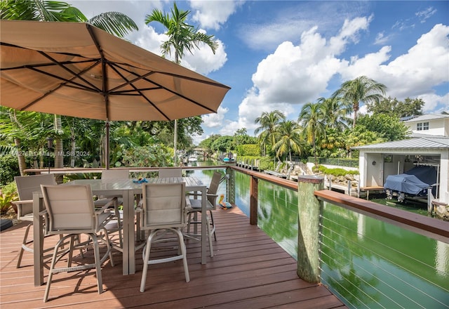 deck featuring a boat dock and a water view