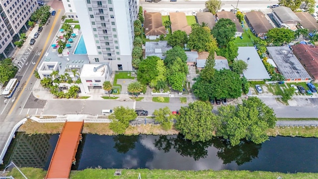 birds eye view of property featuring a water view