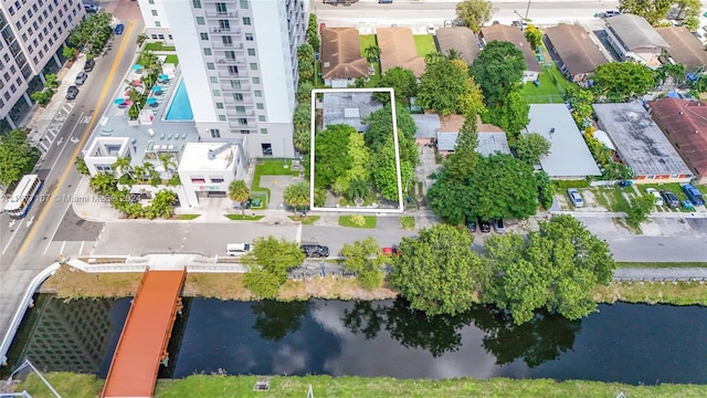 drone / aerial view featuring a water view