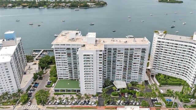 drone / aerial view featuring a water view