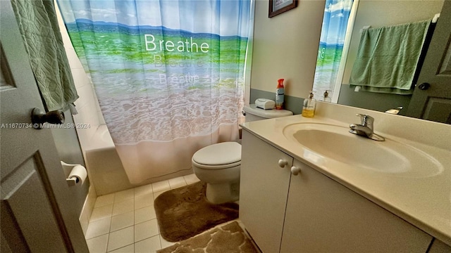 full bathroom featuring vanity, toilet, shower / bath combination with curtain, and tile patterned flooring