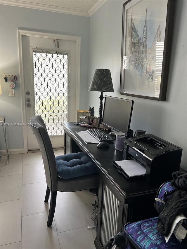 office area featuring crown molding