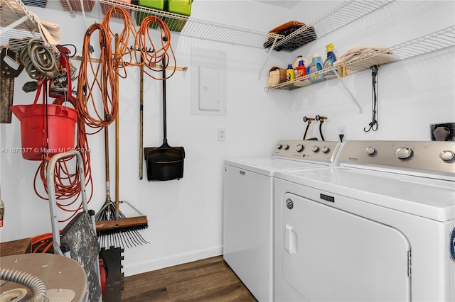 laundry area featuring electric panel, dark hardwood / wood-style floors, and separate washer and dryer