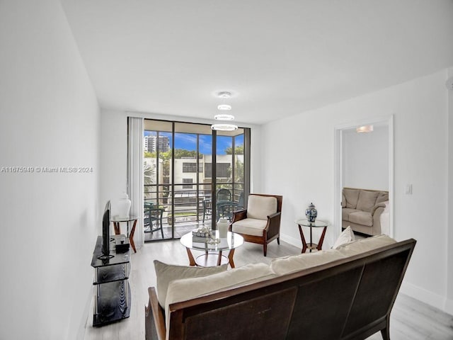 living room featuring expansive windows and light hardwood / wood-style flooring