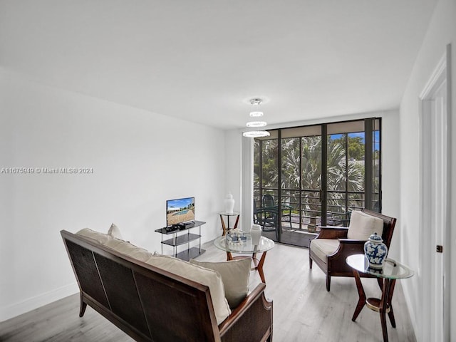 living room featuring expansive windows and light wood-type flooring